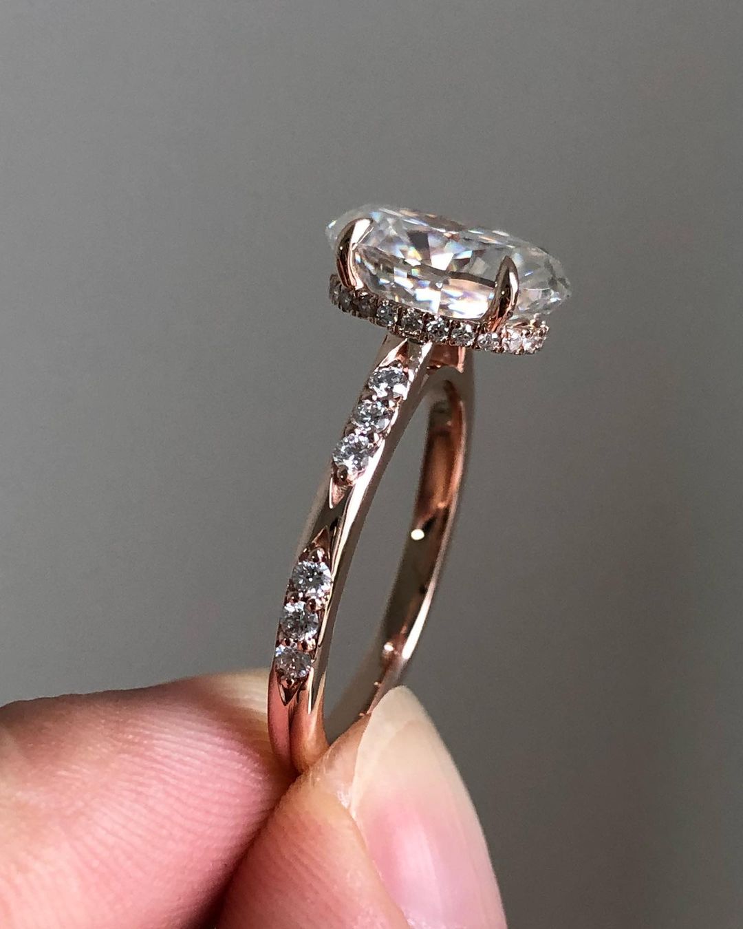 Hidden Halo & Pave Ring with 2.10 CT Oval Cut Moissanite