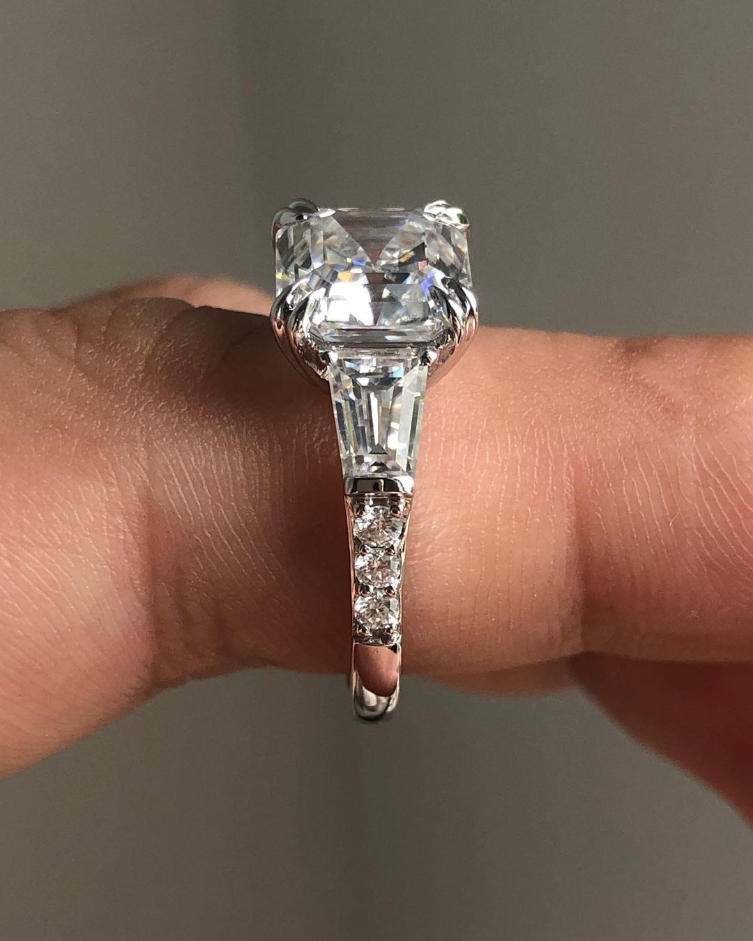 Three Stones Ring with 2.03 CT Asscher Cut Moissanite