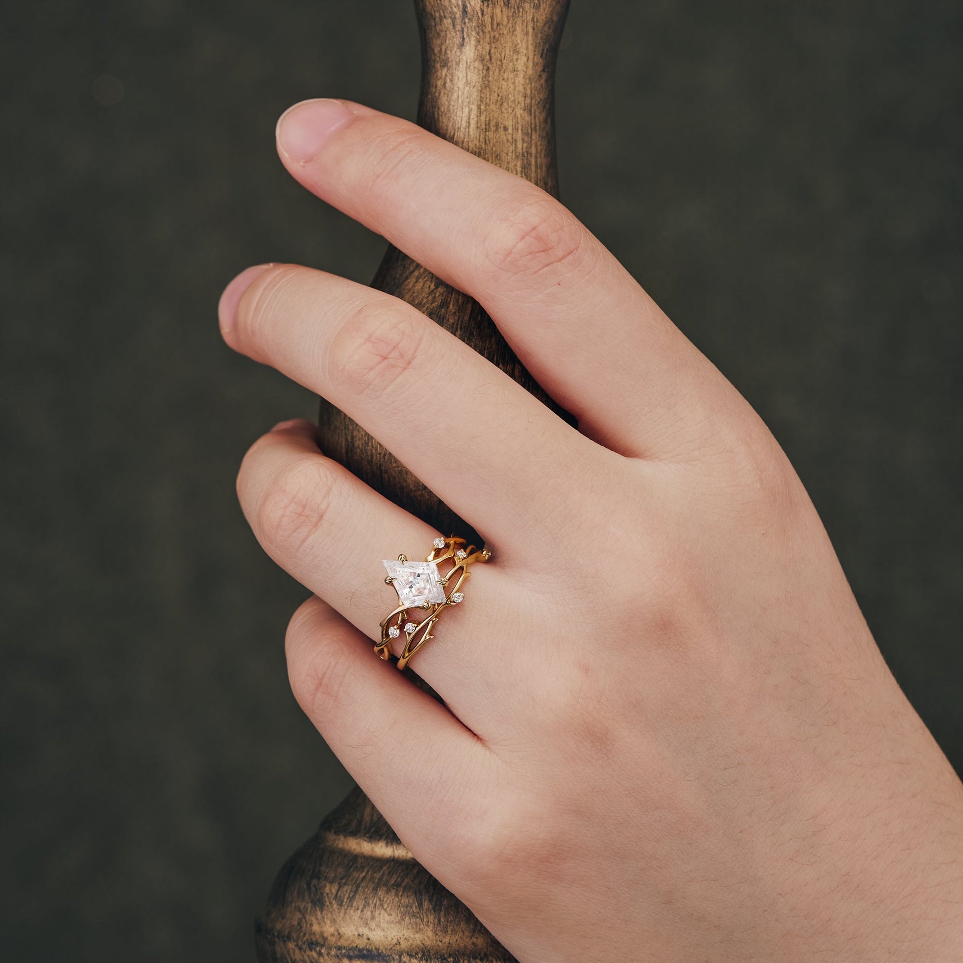 Kite shaped moissanite diamond bridal set with twig setting