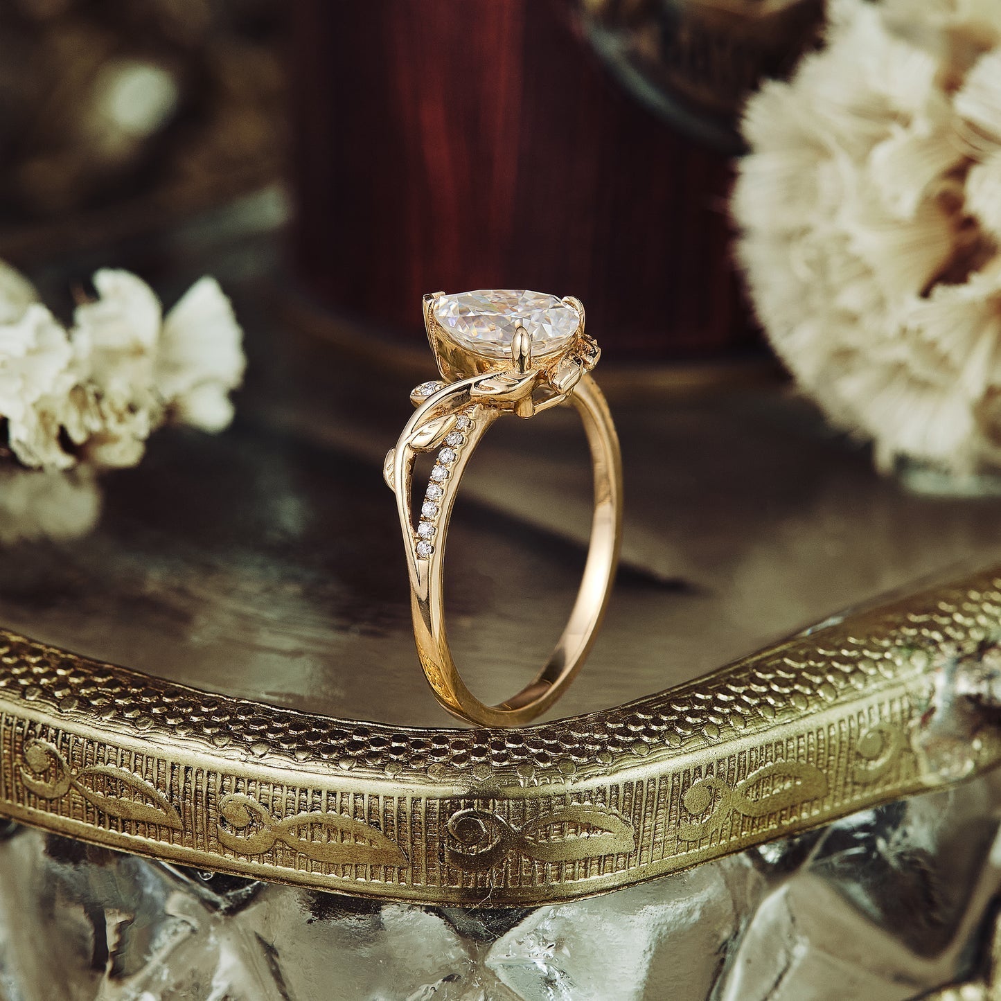 1.25 CT Carat Pear Shape Moissanite diamond Vintage Engagement Ring