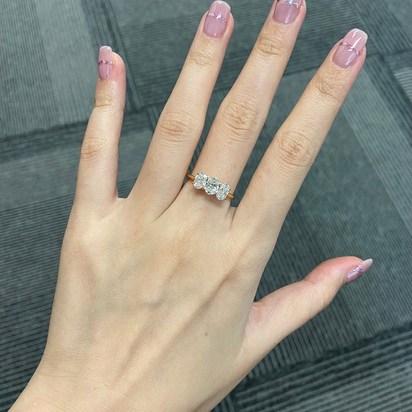 Oval CVD diamond three stone engagement ring