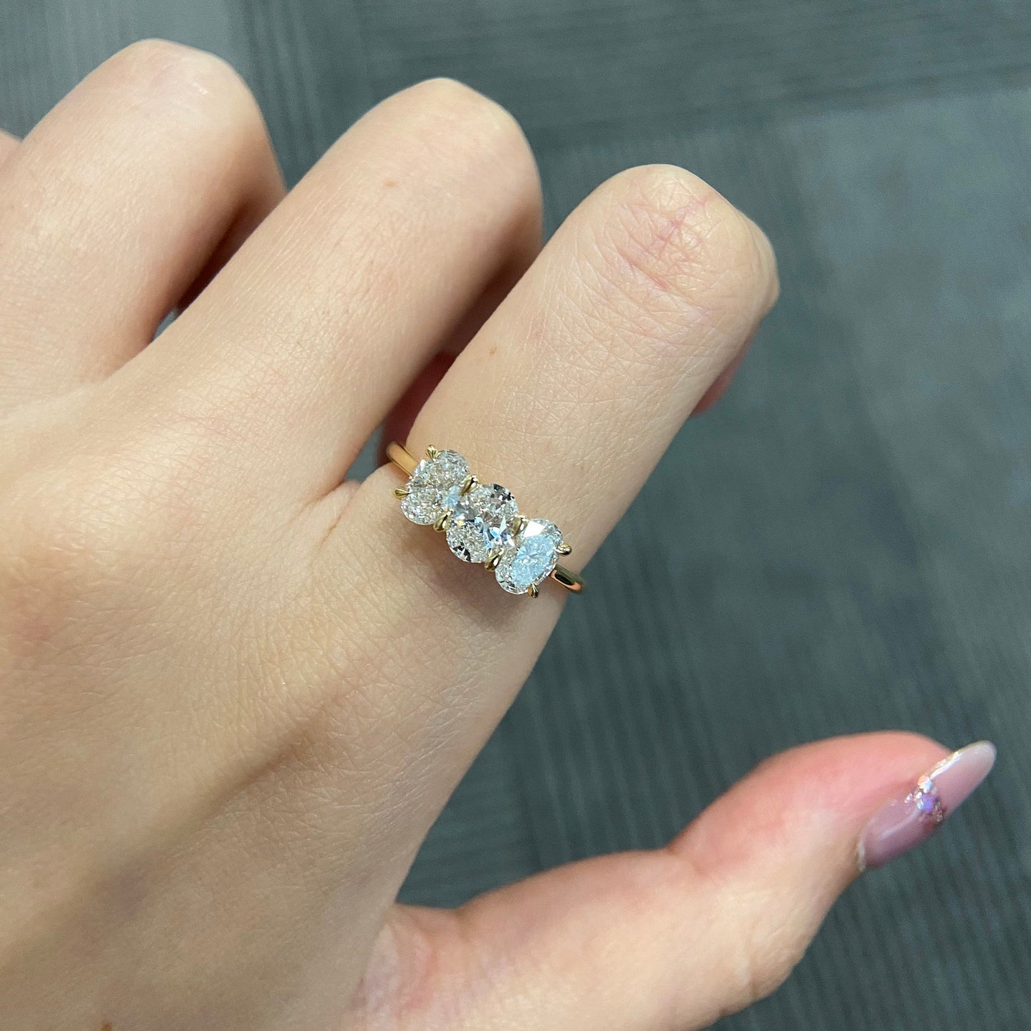Oval CVD diamond three stone engagement ring