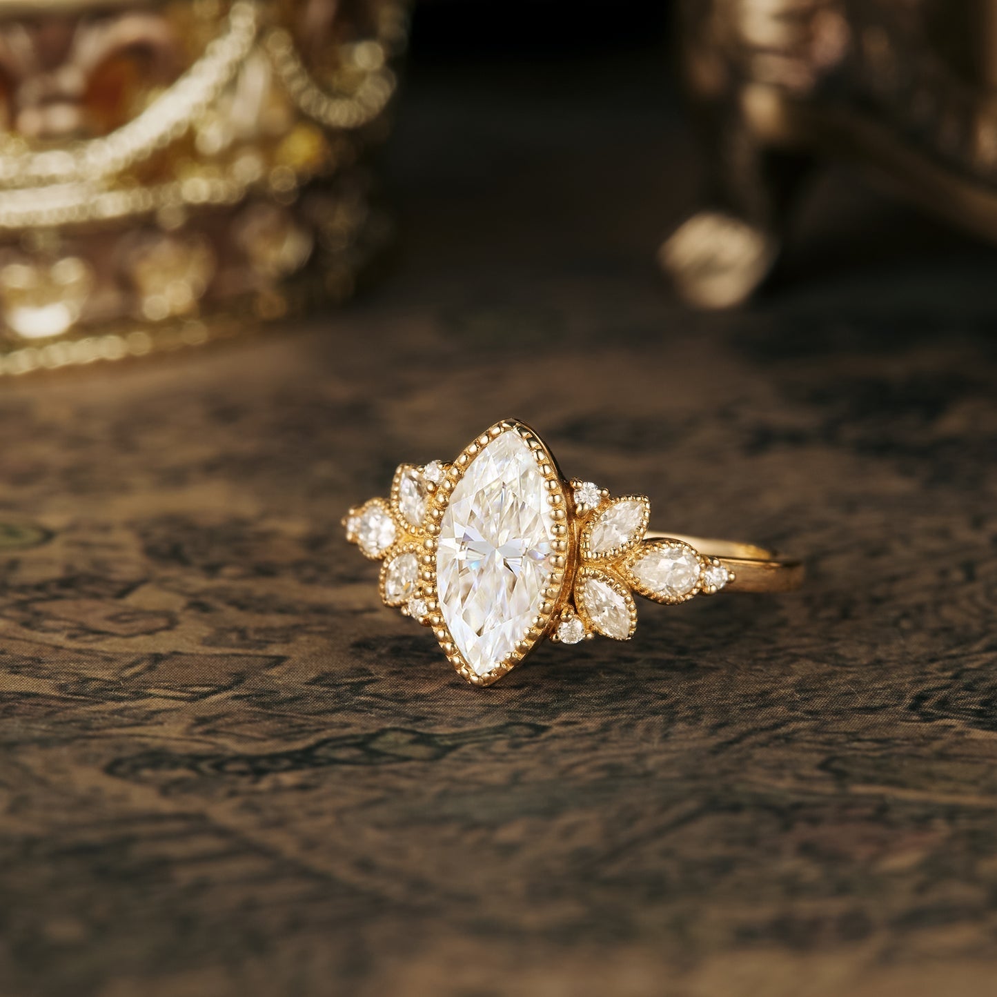 1.0 Carat Moissanite Diamond Marquise Shape Cluster Engagement Ring