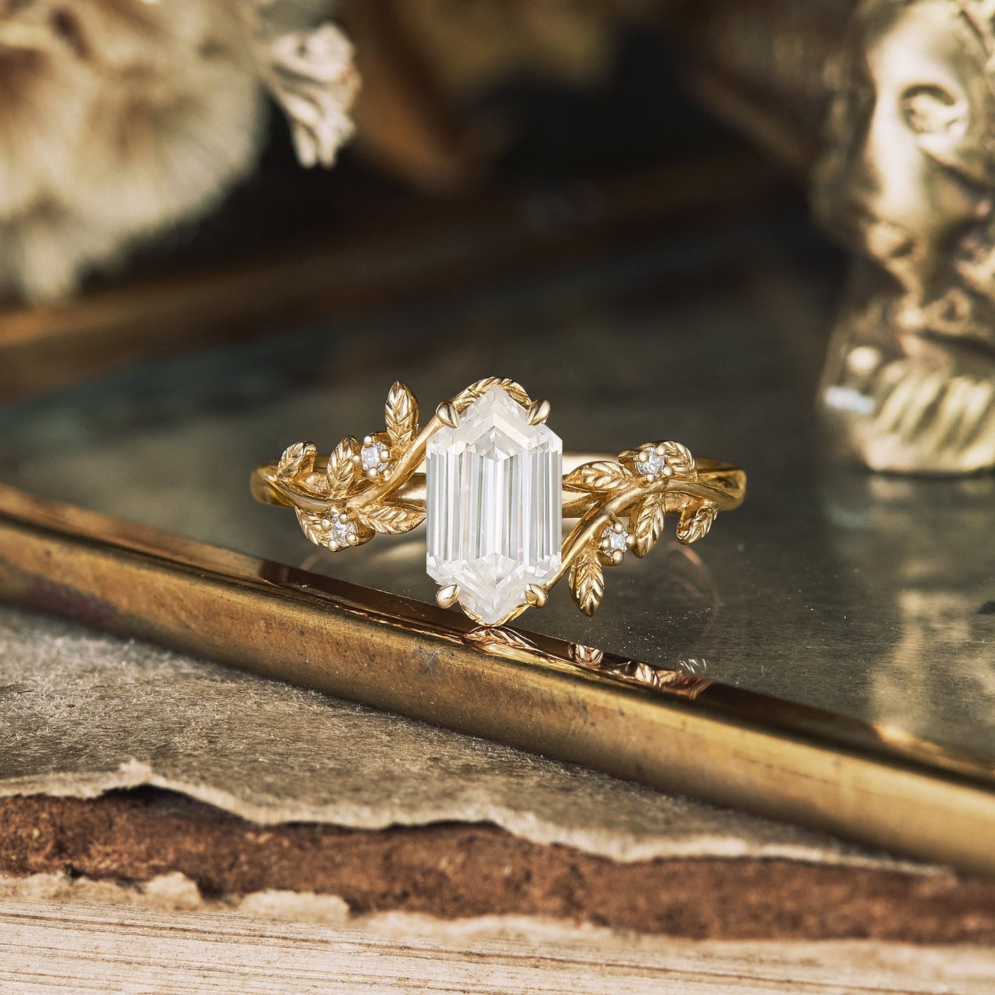 1.15 CT Carat Moissanite Diamond Hexagon Shape Vintage Engagement Ring