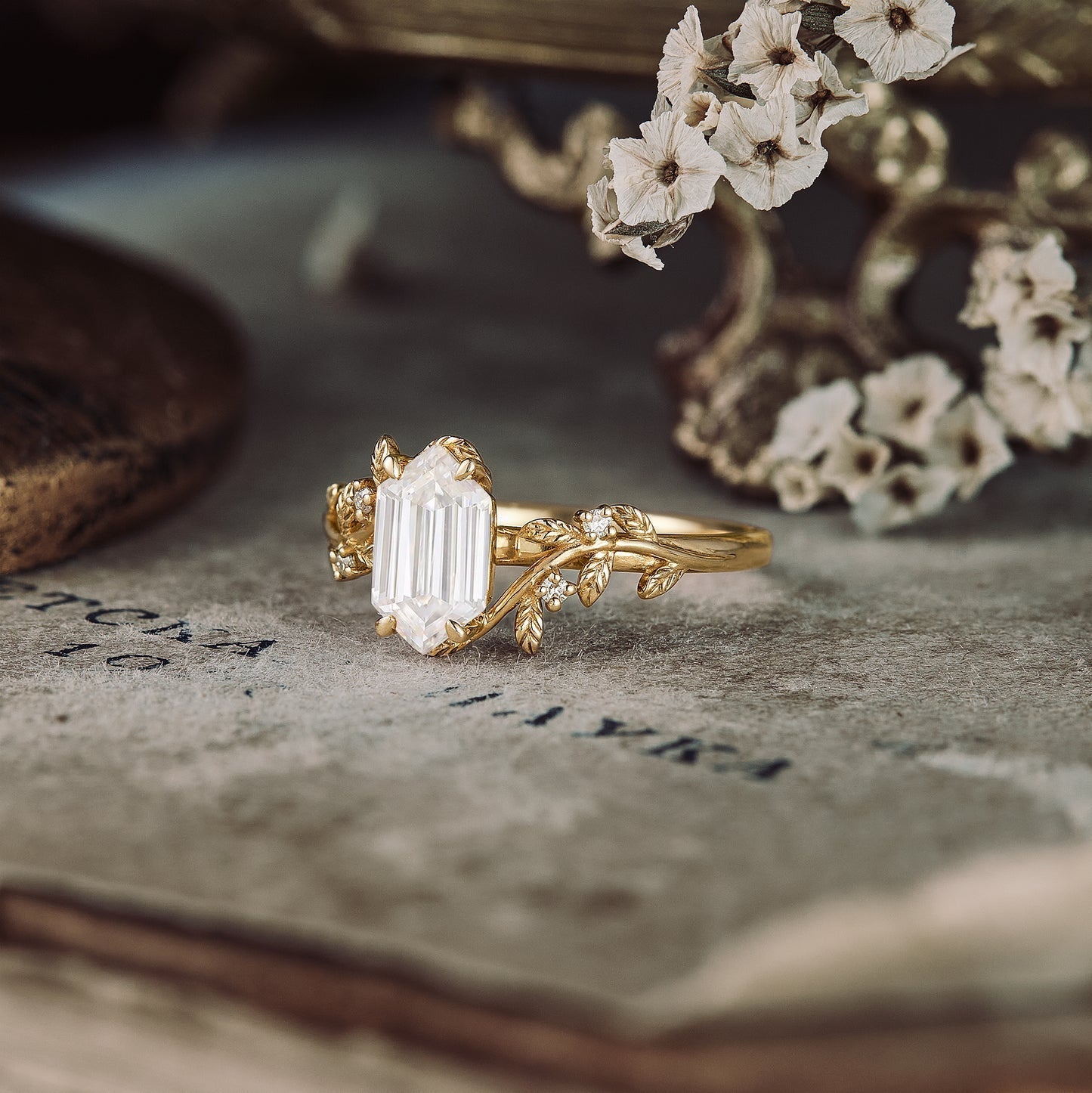 Moissanite diamond hexagon shape vintage engagement ring