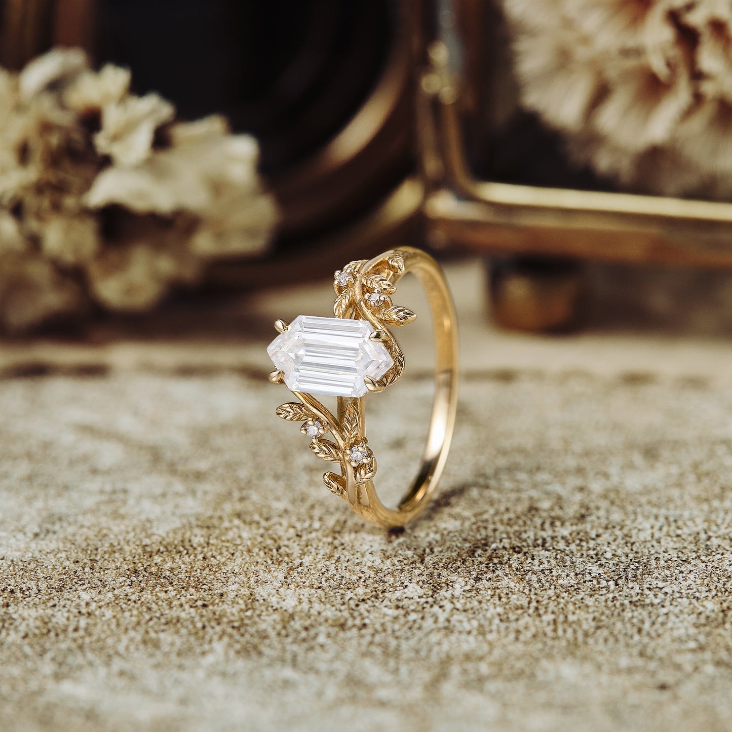 Moissanite diamond hexagon shape vintage engagement ring