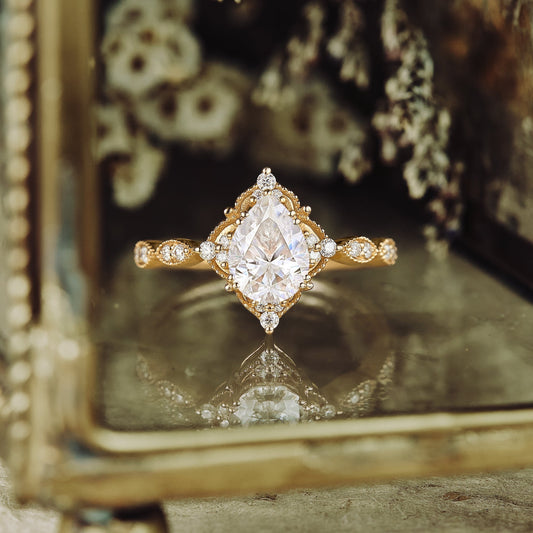 Moissanite diamond pear shape vintage engagement ring