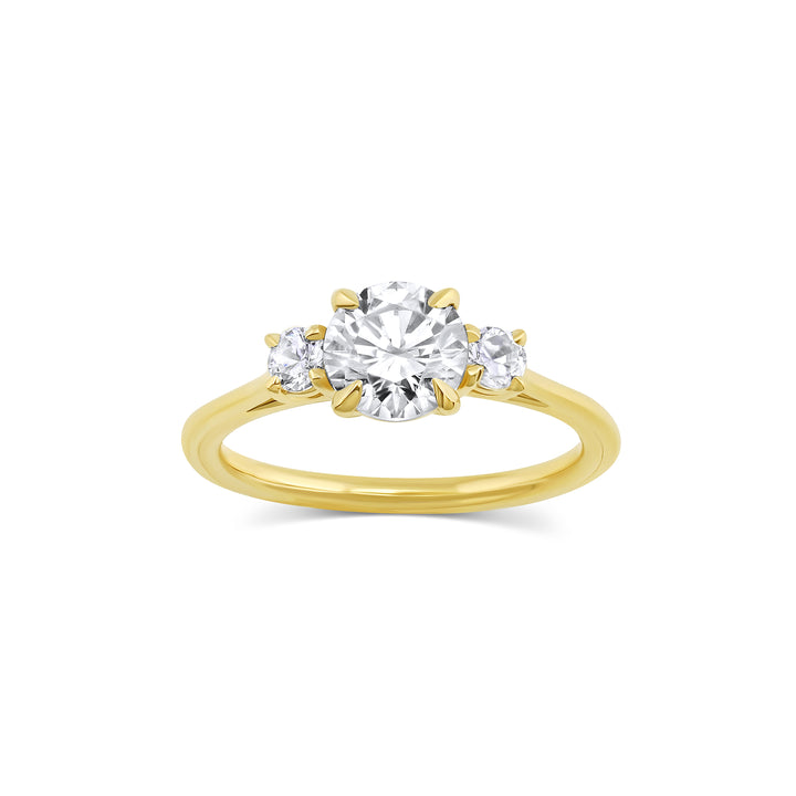 Three stone engagement ring with round cut moissanite