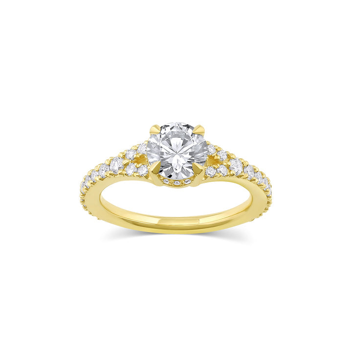 Round moissanite split shank pave engagement ring with brilliant sparkle