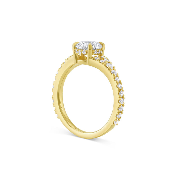 Round moissanite split shank pave engagement ring with brilliant sparkle