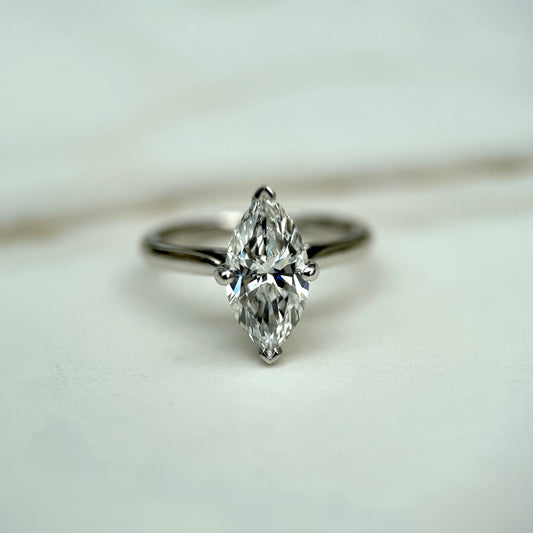 1.50 CT marquise cut CVD lab grown diamond engagement ring with hidden halo, E color, VS1 clarity, and slim white gold band