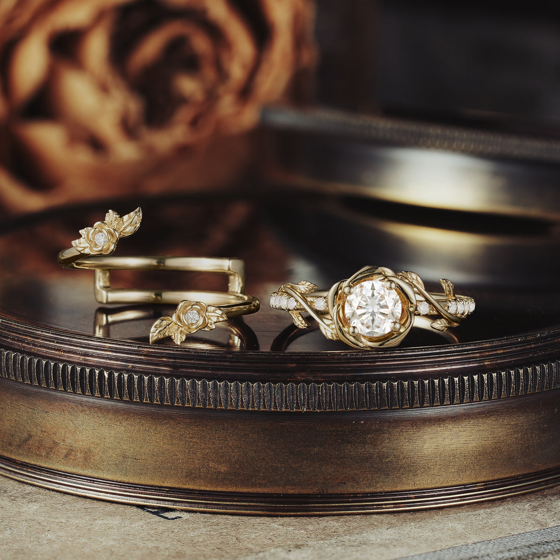 Round shaped moissanite diamond bridal set with vintage setting