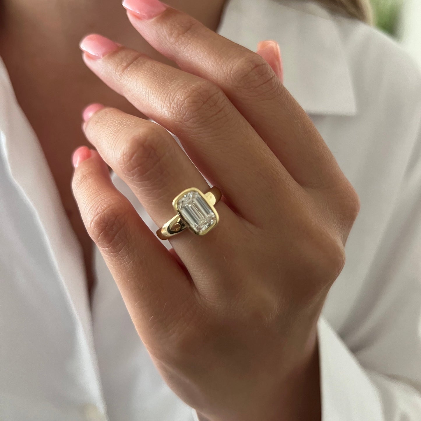 1.0-3.0 CT Emerald cut Lab Grown Diamond bezel Engagement Ring