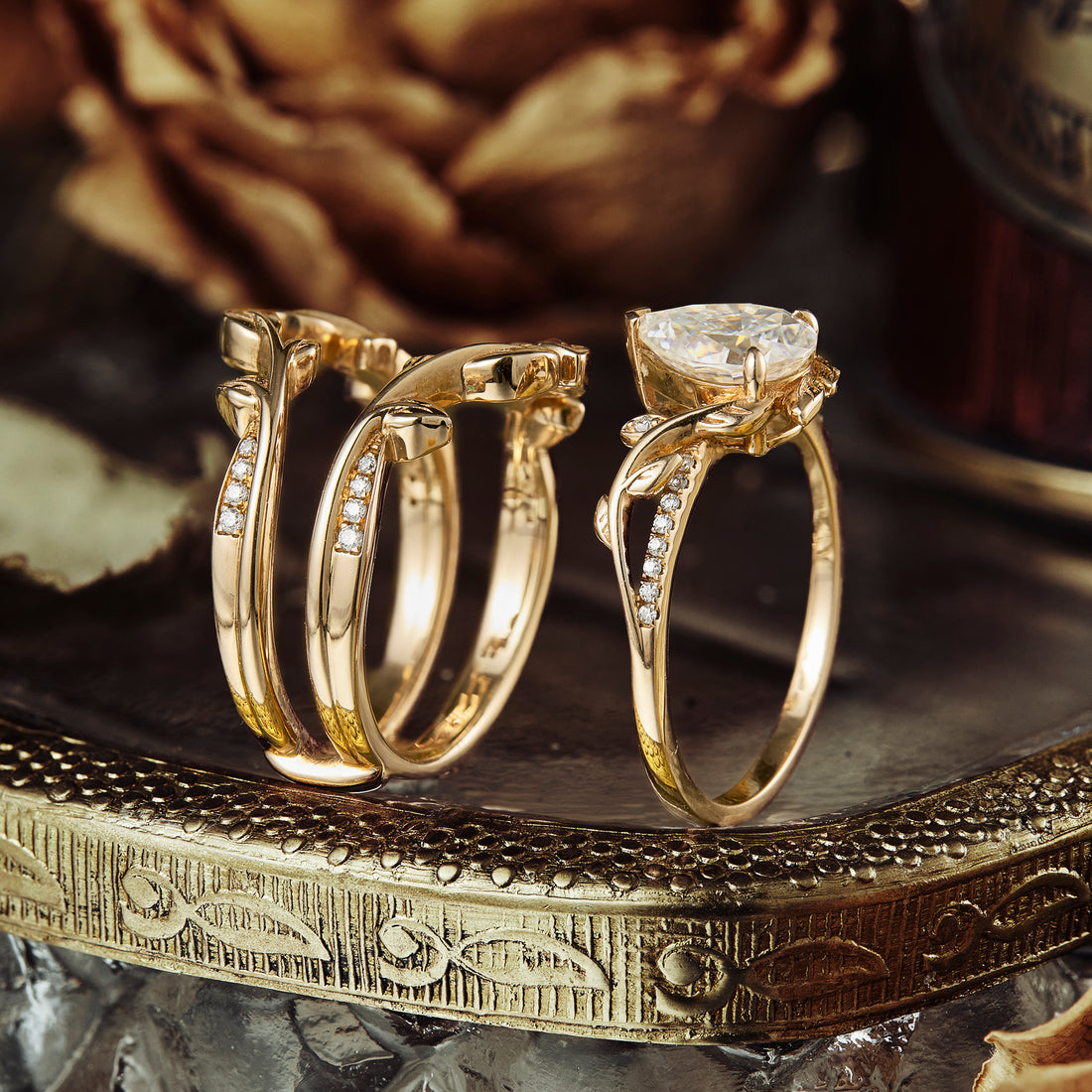 Pear shaped moissanite diamond bridal set with vintage setting