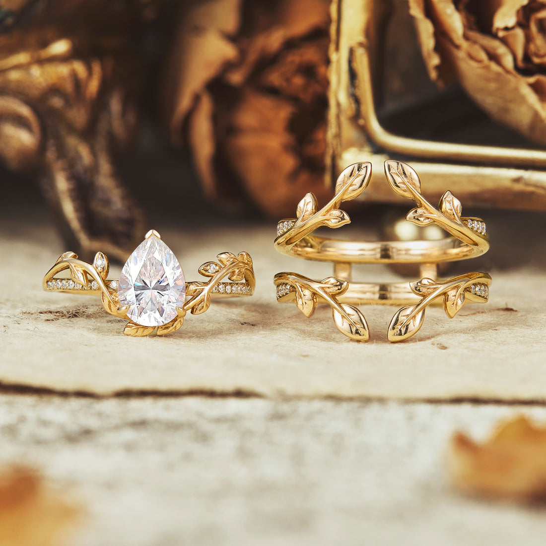 Pear shaped moissanite diamond bridal set with vintage setting