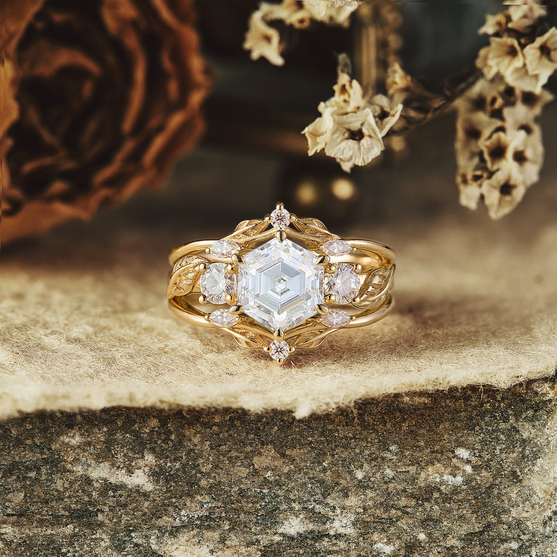 1.0 CT Hexagon Shaped Moissanite Diamond Bridal Set With Vintage Setting