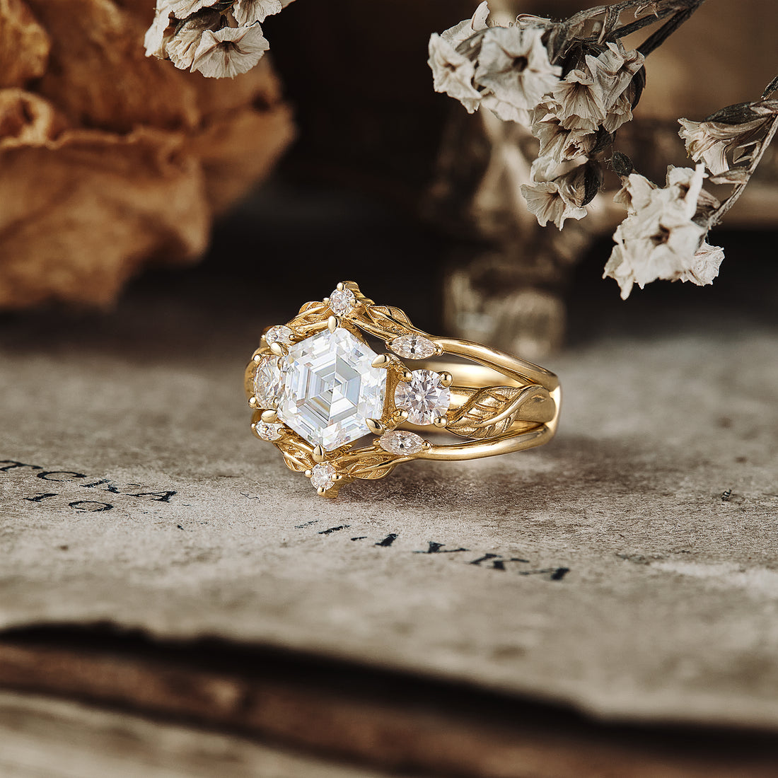 1.0 CT Hexagon Shaped Moissanite Diamond Bridal Set With Vintage Setting