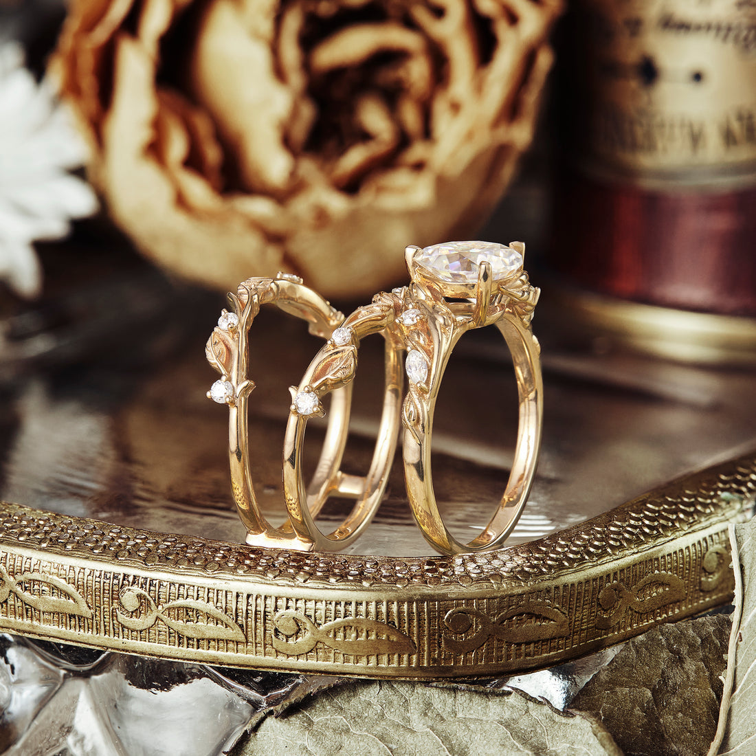 Pear shaped moissanite diamond bridal set with vintage setting
