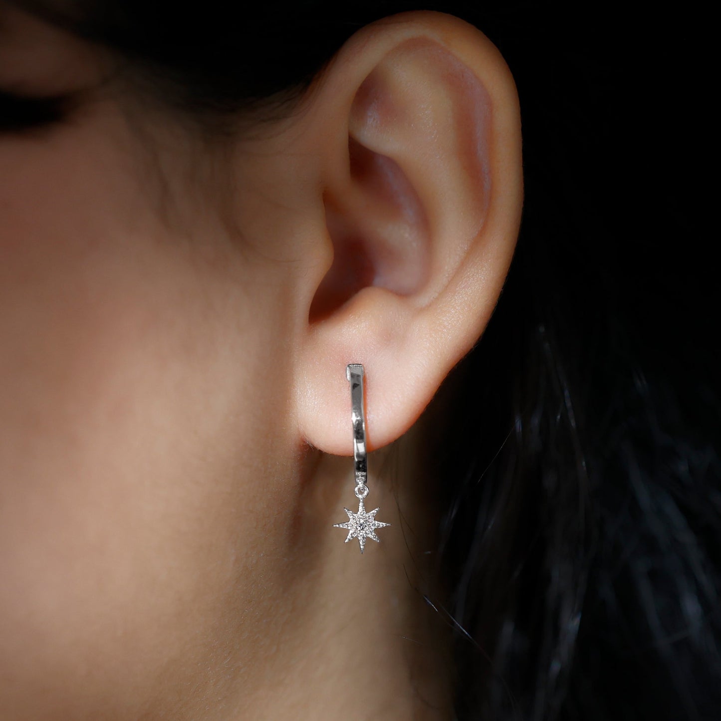 Star Hoop Drop Stud Earrings with 0.25 TCW Round Cut Moissanite