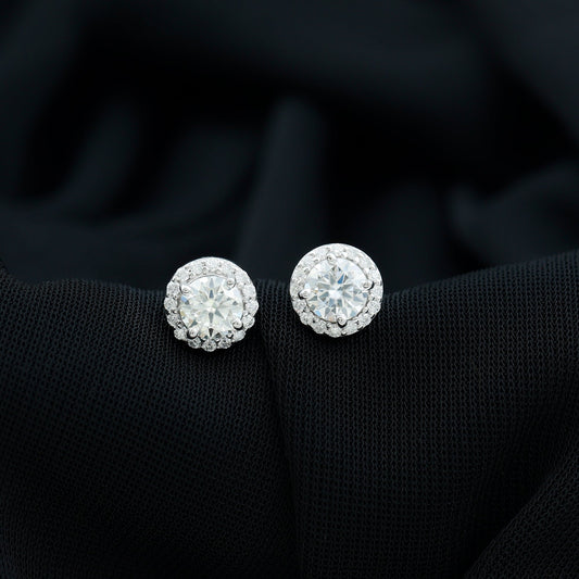 Halo Stud Earrings with 1.50 CT Round Cut Moissanite