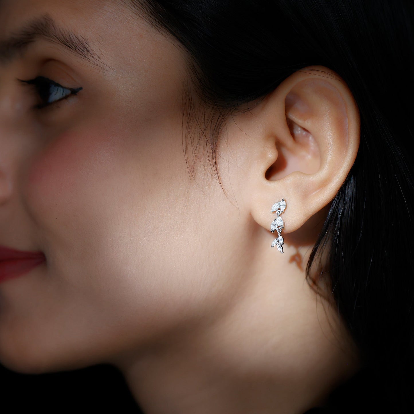 Leaf Dangle Stud Earrings with 0.85 TCW Marquise Cut Moissanite