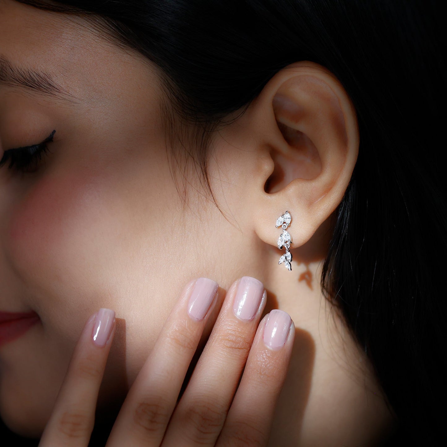 Leaf Dangle Stud Earrings with 0.85 TCW Marquise Cut Moissanite