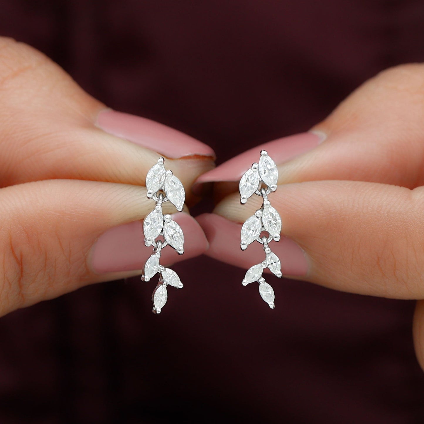 Leaf Dangle Stud Earrings with 0.85 TCW Marquise Cut Moissanite