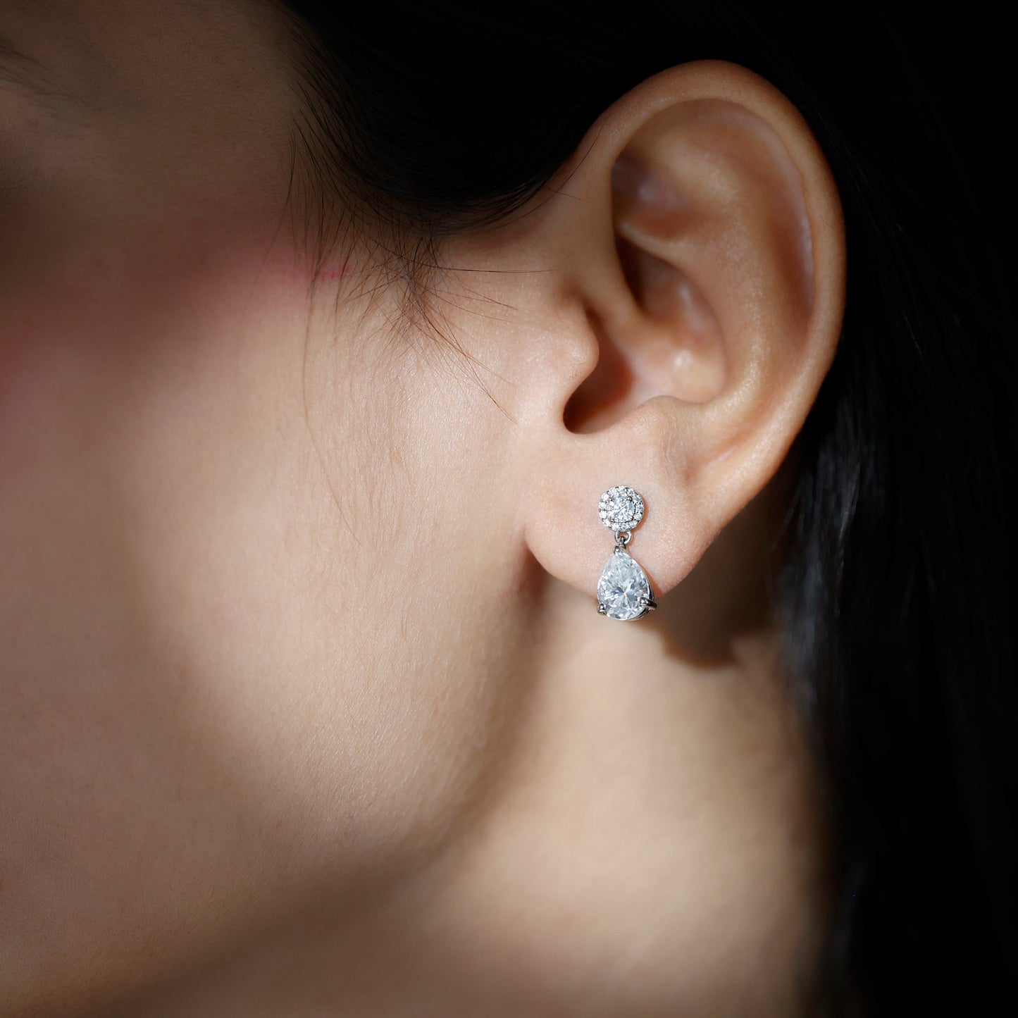 Drop Earrings Stud Earrings with 3.0 CT Pear & Round Cut Moissanite