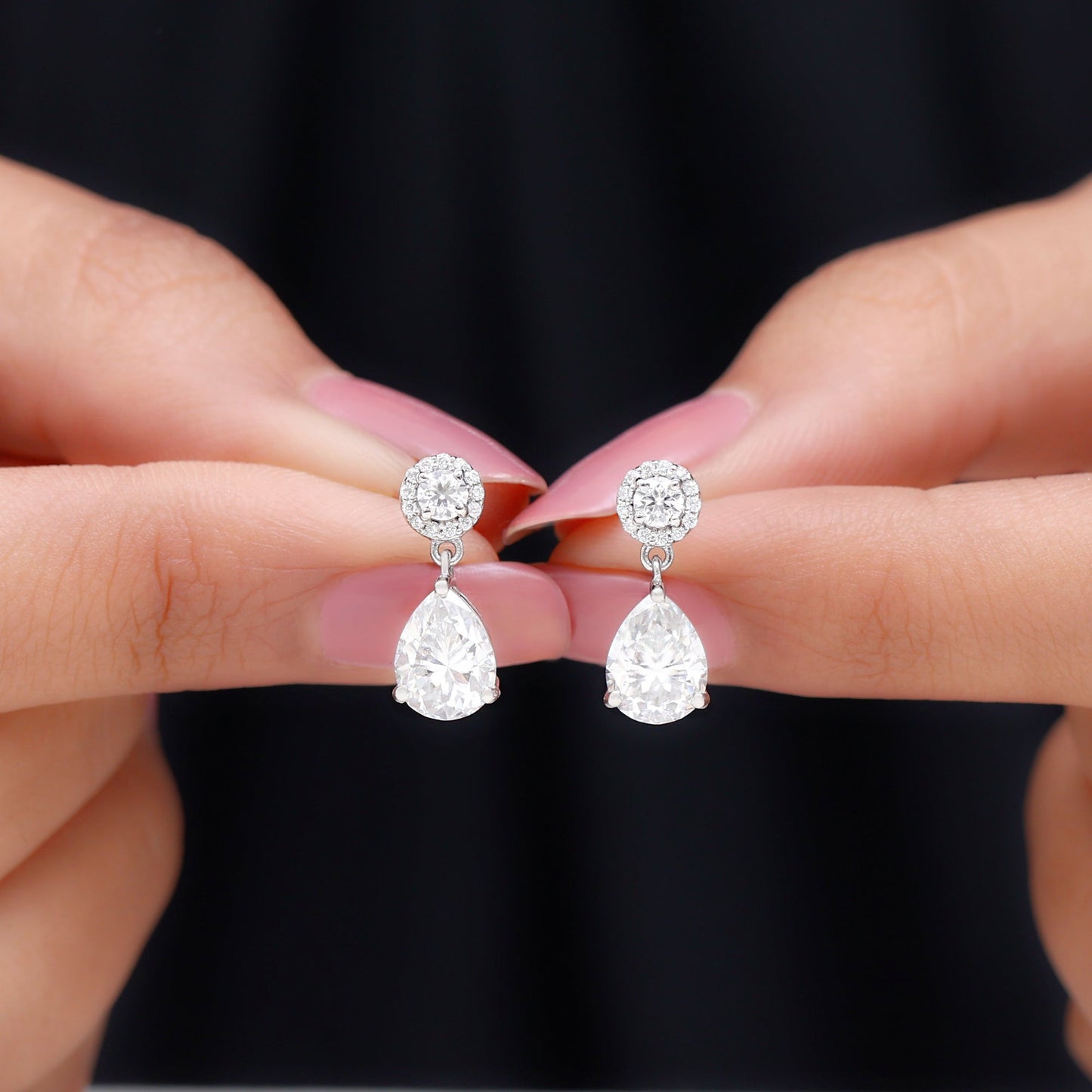 Drop Earrings Stud Earrings with 3.0 CT Pear & Round Cut Moissanite