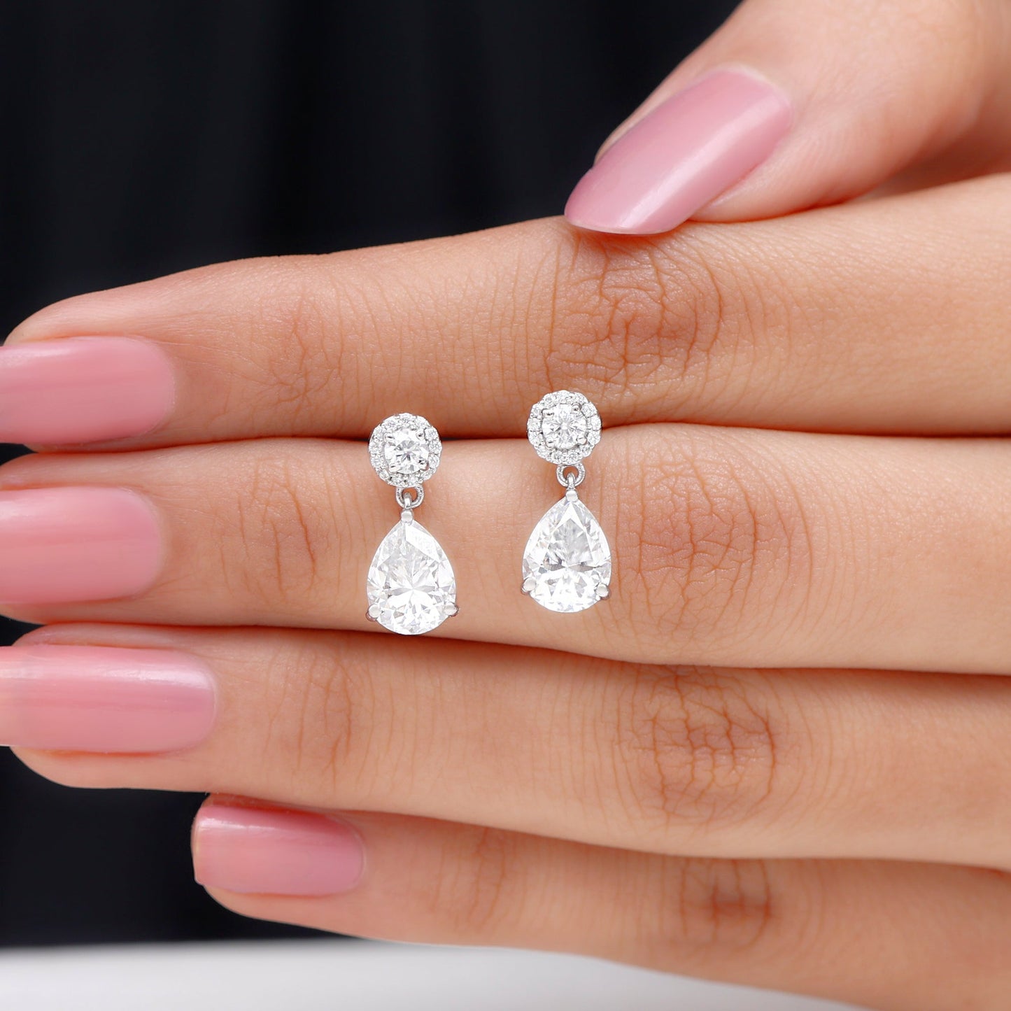 Drop Earrings Stud Earrings with 3.0 CT Pear & Round Cut Moissanite