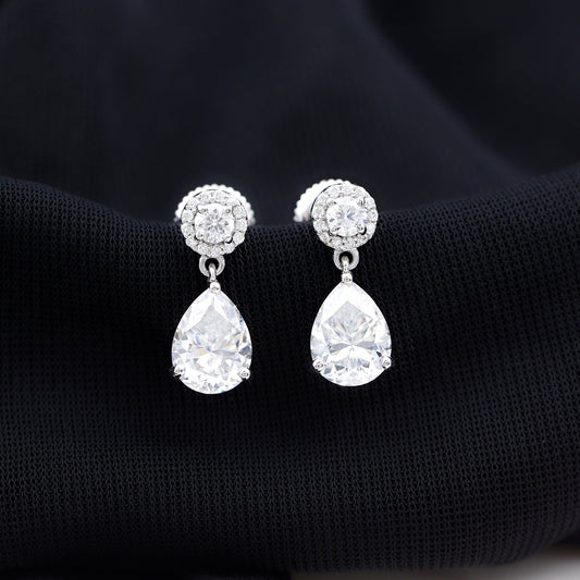 Drop Earrings Stud Earrings with 3.0 CT Pear & Round Cut Moissanite