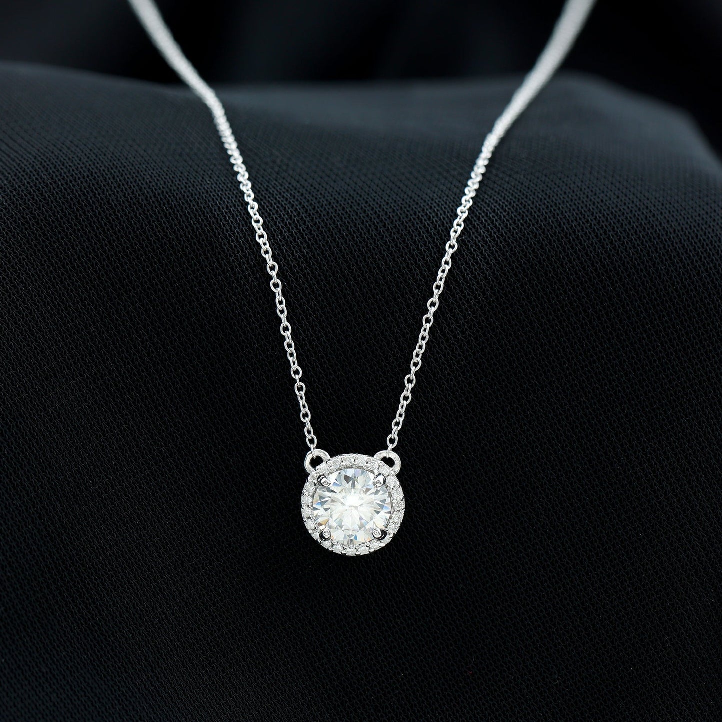 Halo Necklace with 1.0 CT Round Cut Moissanite
