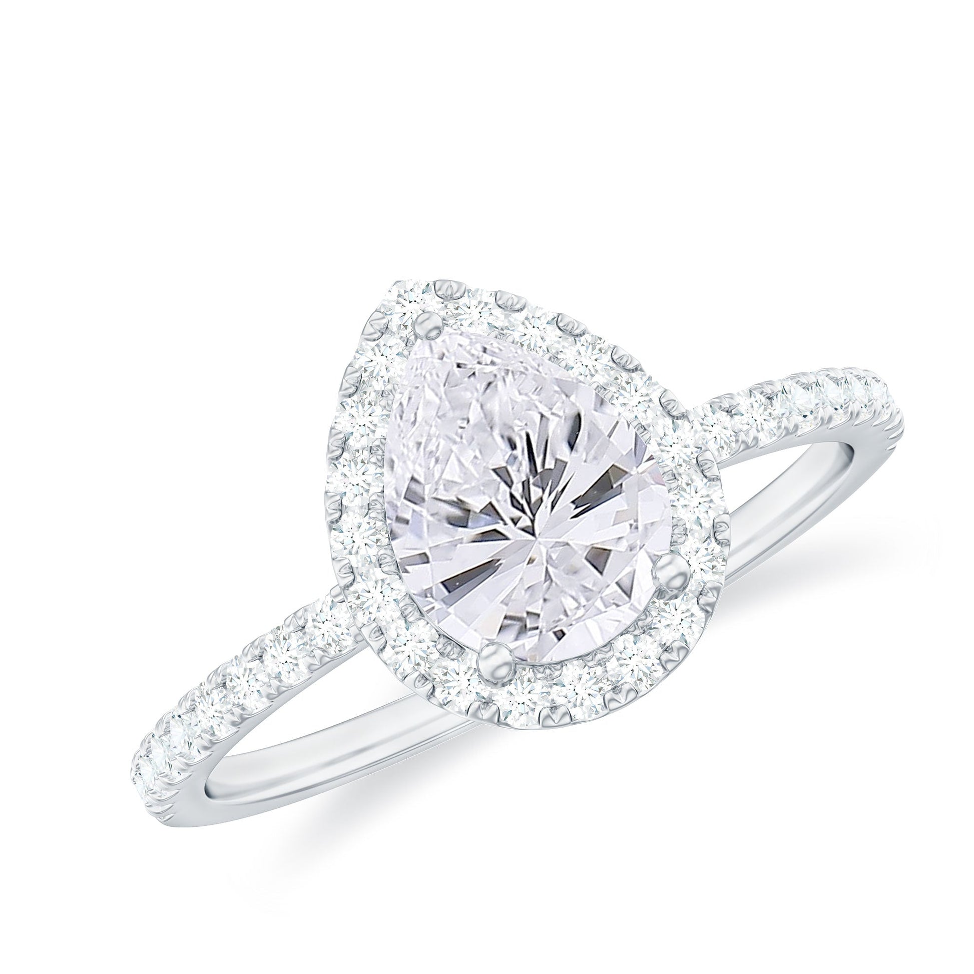 Pear cut moissanite halo engagement ring with radiant sparkle