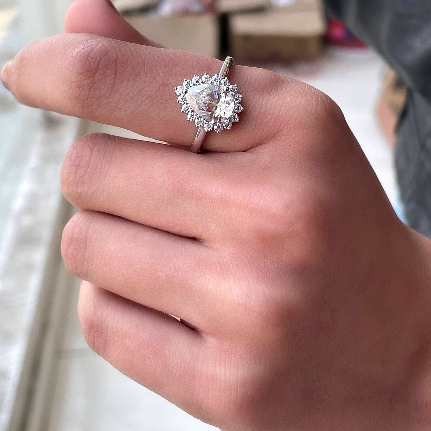 Halo Ring with 2.50 CT Pear Cut Moissanite
