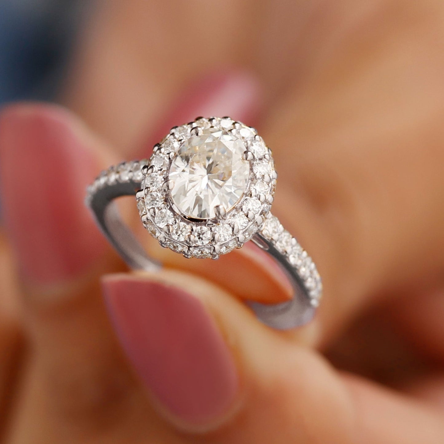 Halo Ring with 2.0 CT Oval Cut Moissanite