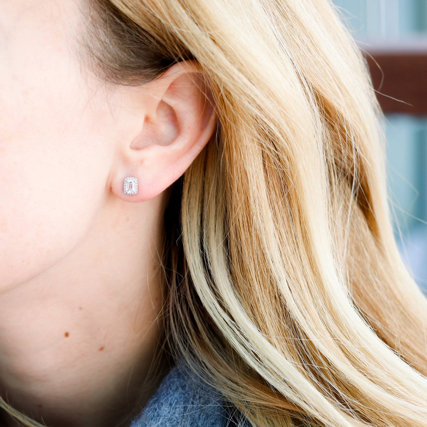 Halo Stud Earrings with 1.25 CT-1.75 CT Emerald Cut Moissanite