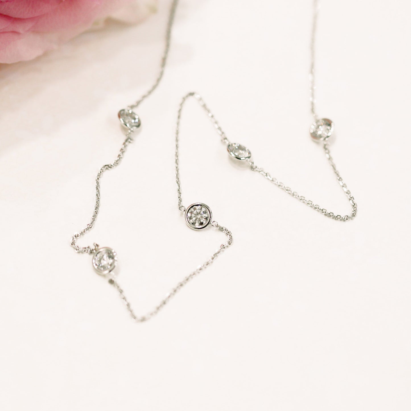 Five Bezel Necklace with 0.25 TCW Floating Cosmopolitan Round Cut Moissanite