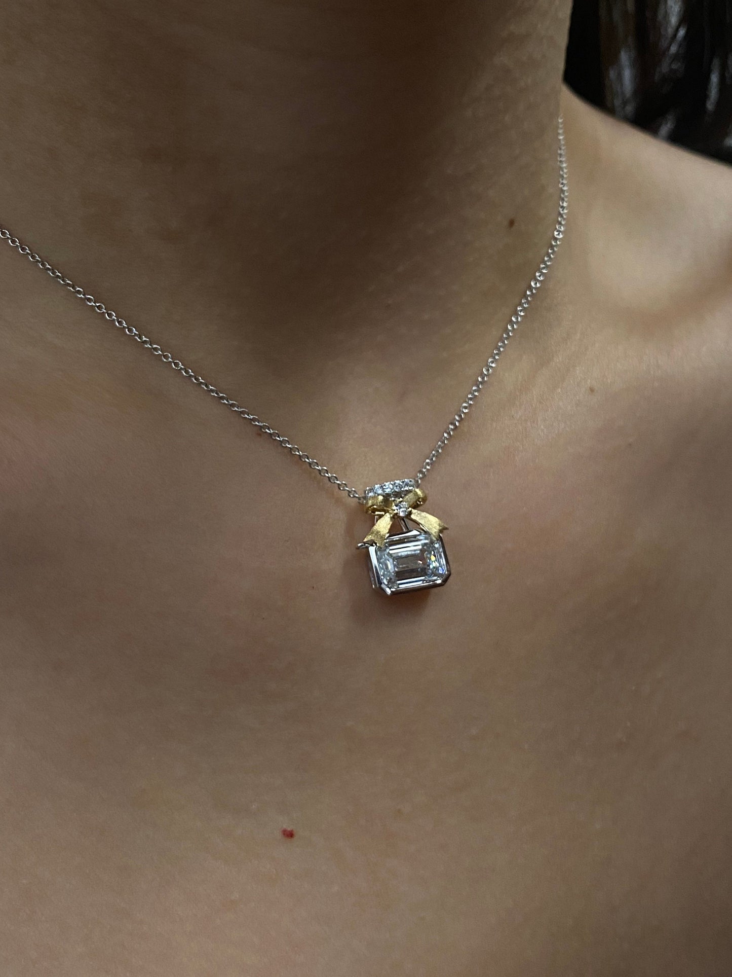 Bow Necklace with 2.0 TCW Emerald Cut Moissanite