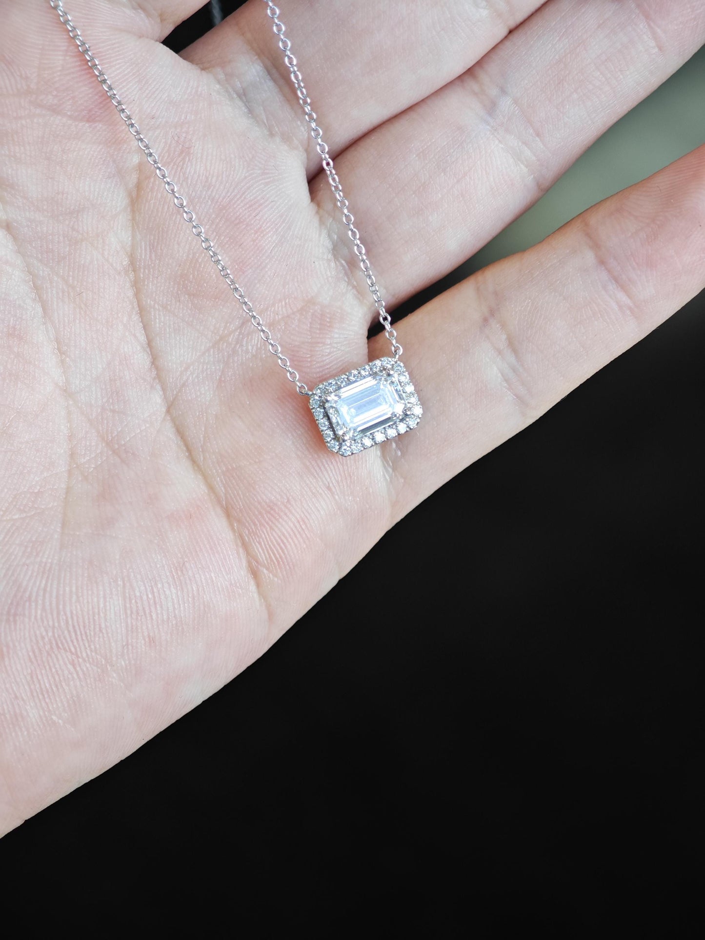 Halo Necklace with 1.20 TCW Emerald Cut Moissanite