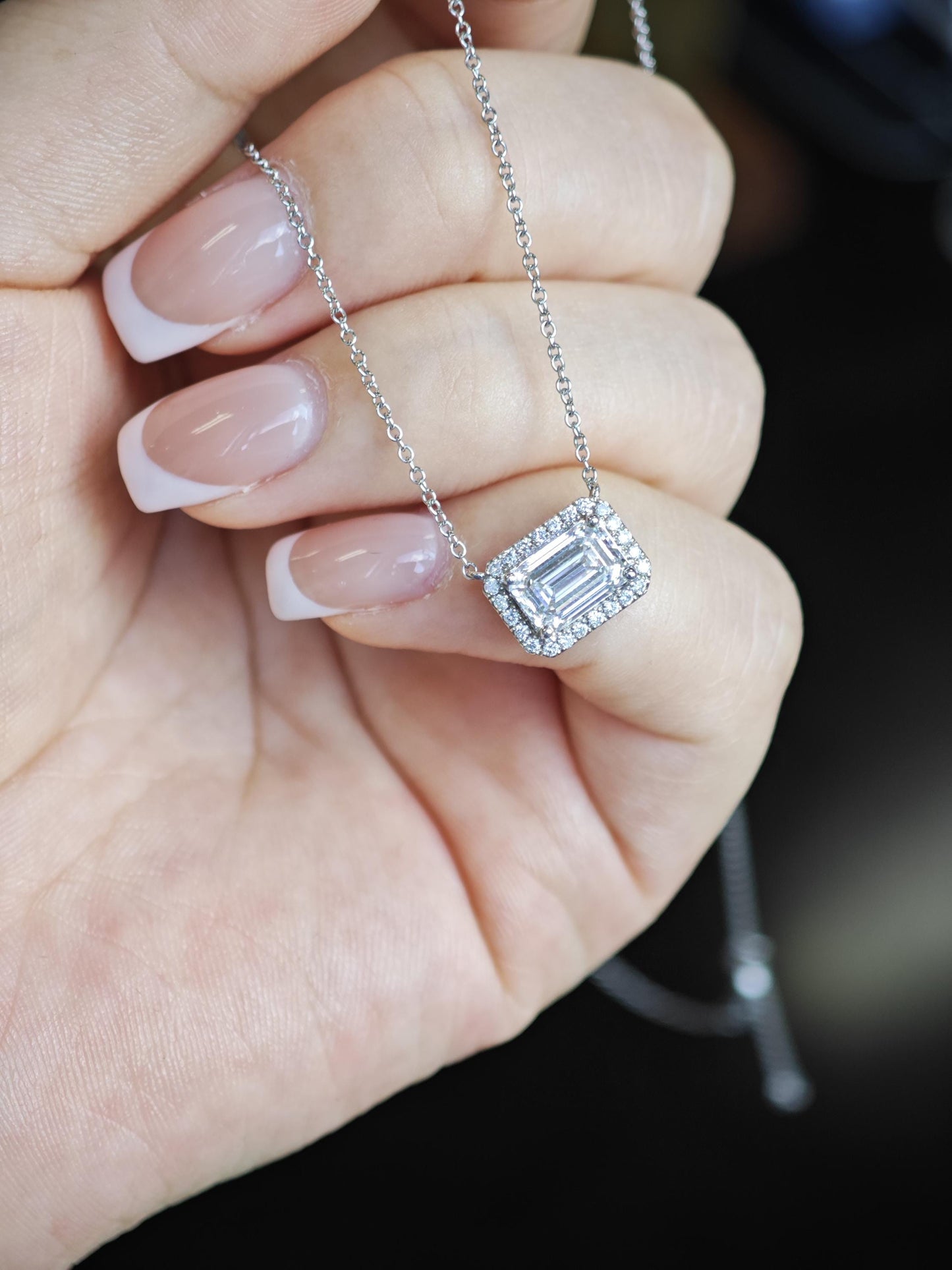Halo Necklace with 1.20 TCW Emerald Cut Moissanite