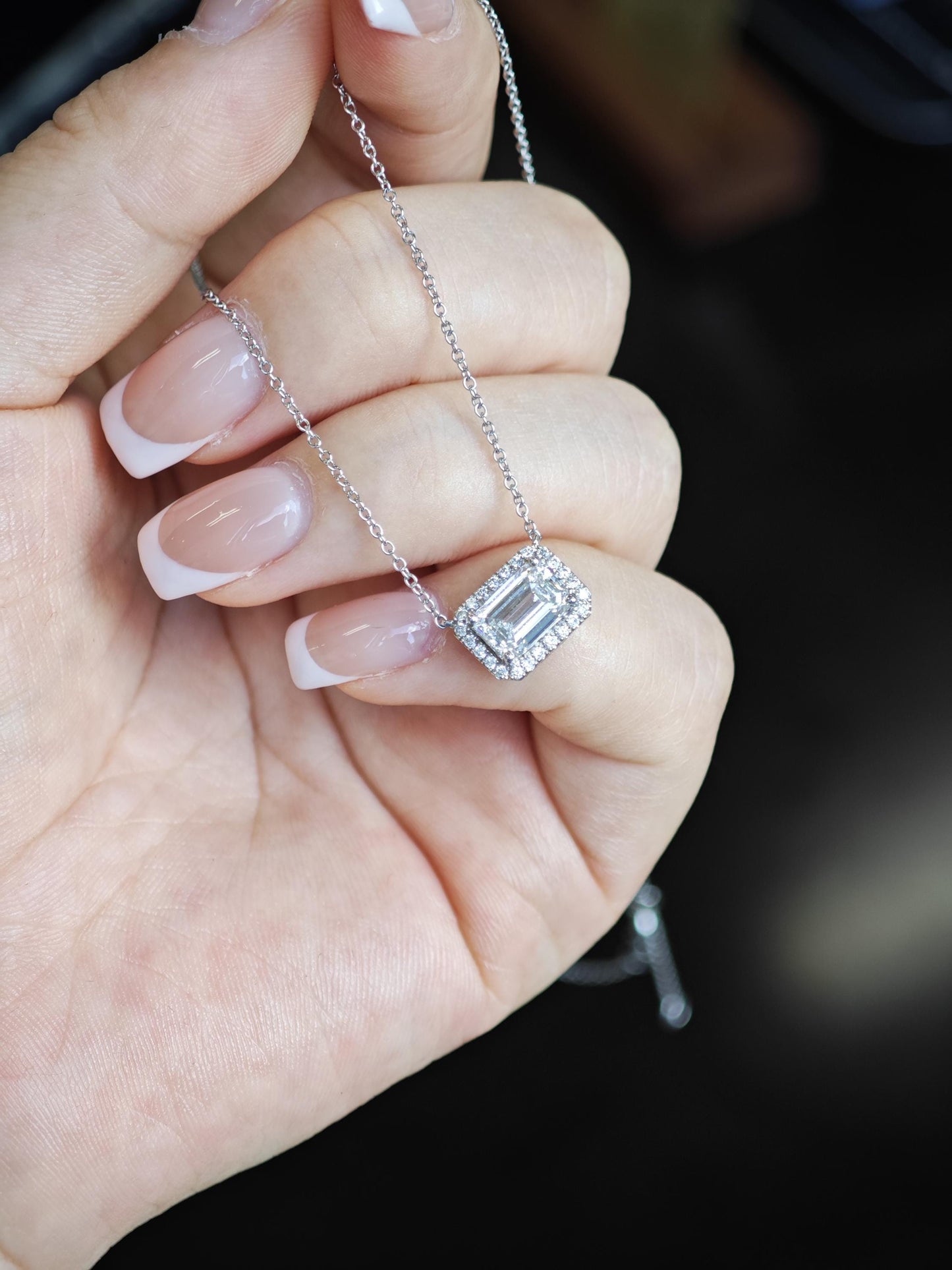 Halo Necklace with 1.20 TCW Emerald Cut Moissanite