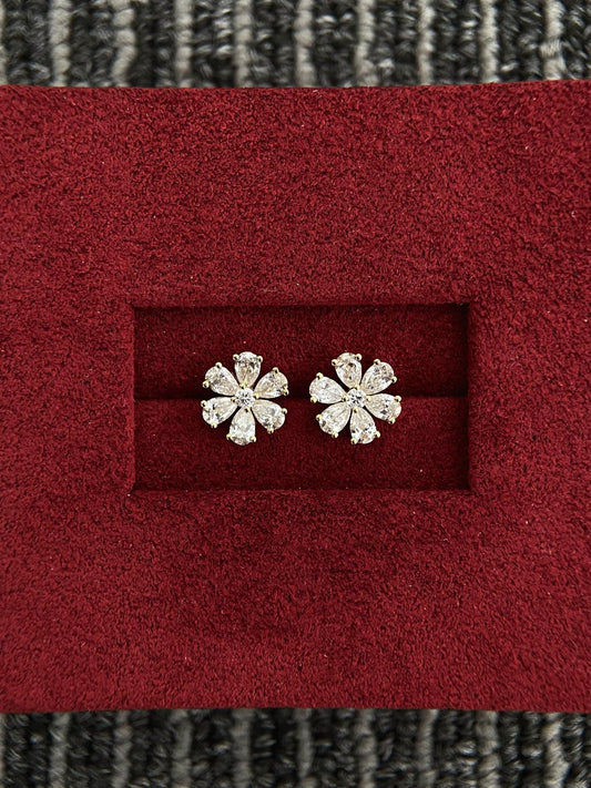 Flower Stud Earrings with 1.28 TCW Pear & Round Cut Moissanite