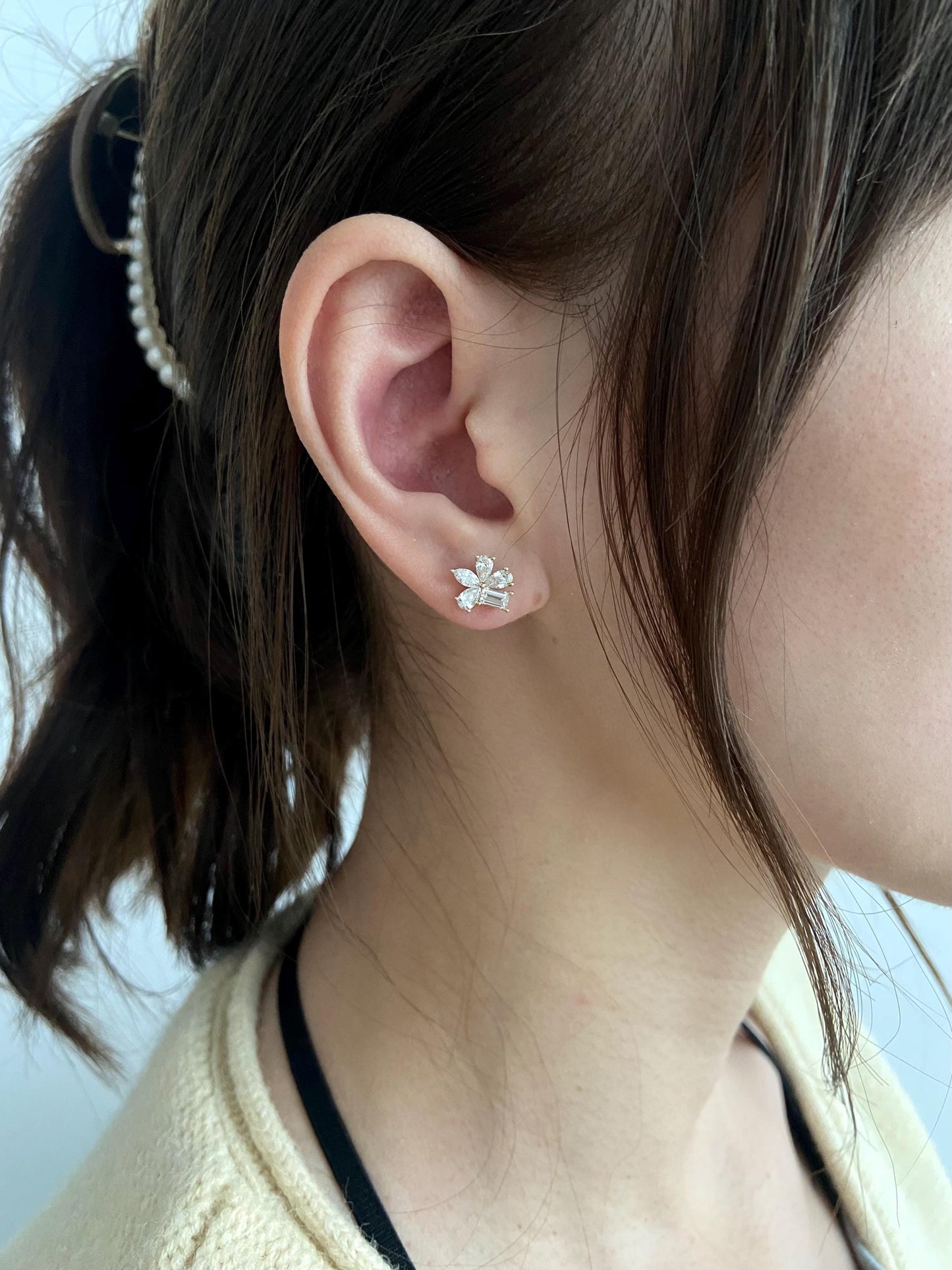 Cluster Stud Earrings with 1.17 TCW Pear & Emerald Cut Moissanite
