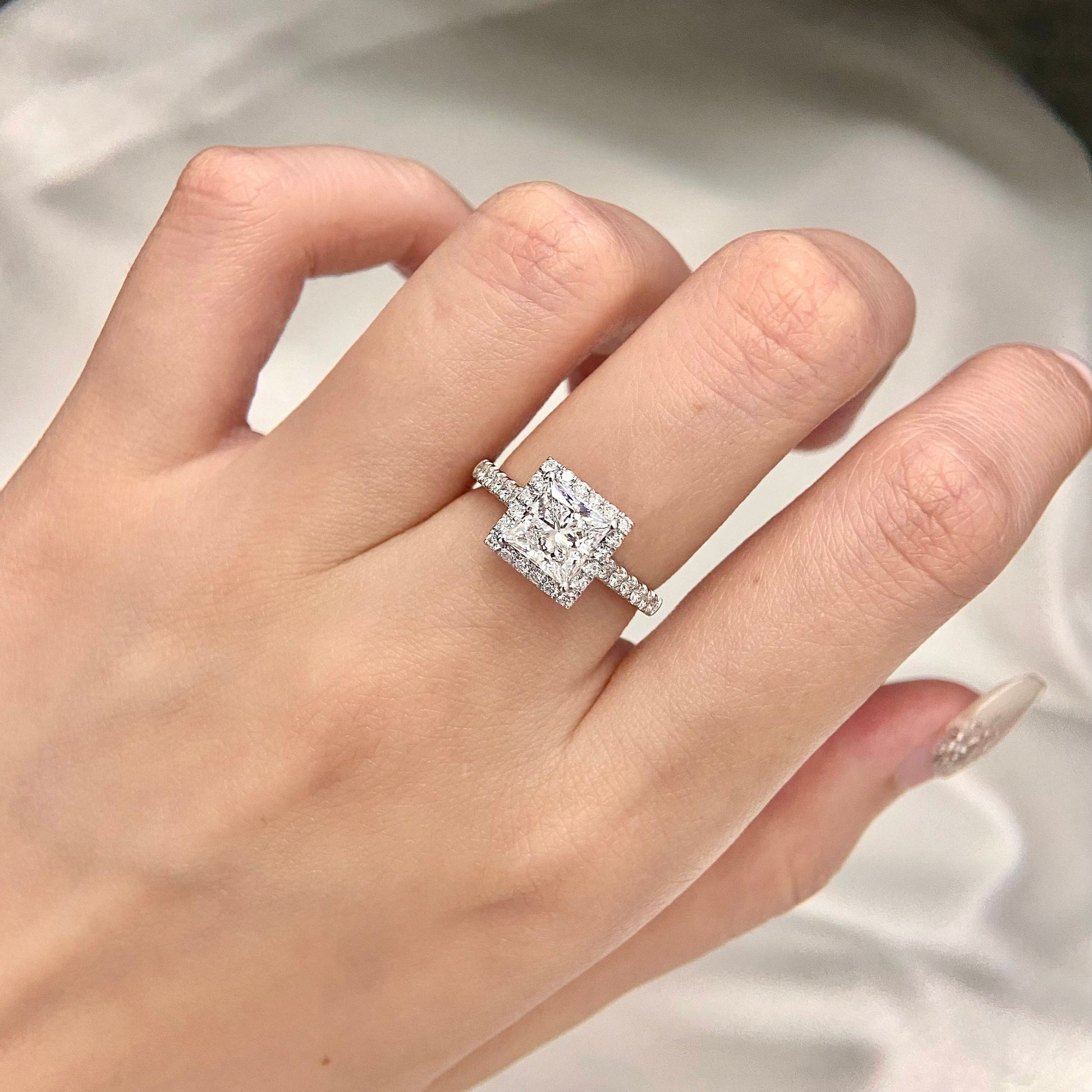 Princess cut CVD diamond halo and pave style engagement ring