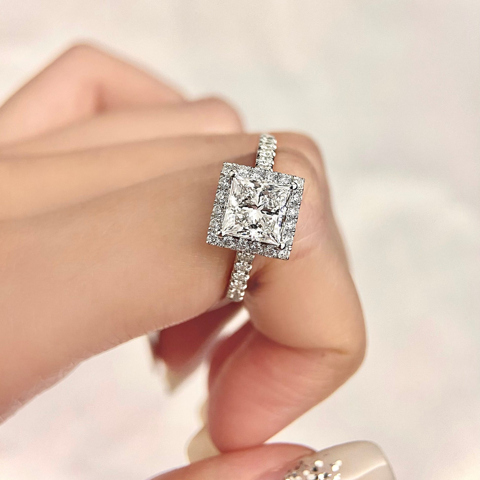 Princess cut CVD diamond halo and pave style engagement ring
