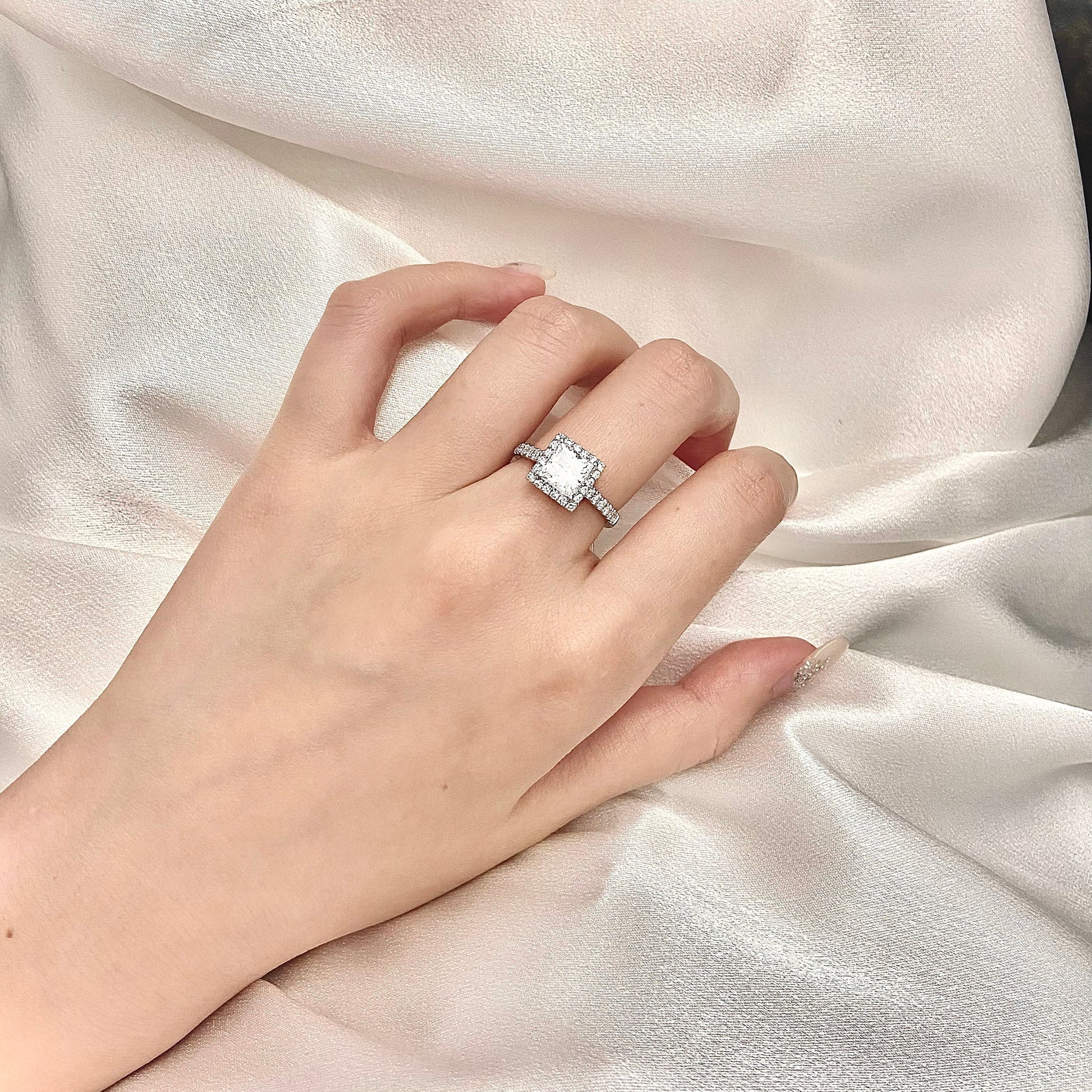 Princess cut CVD diamond halo and pave style engagement ring
