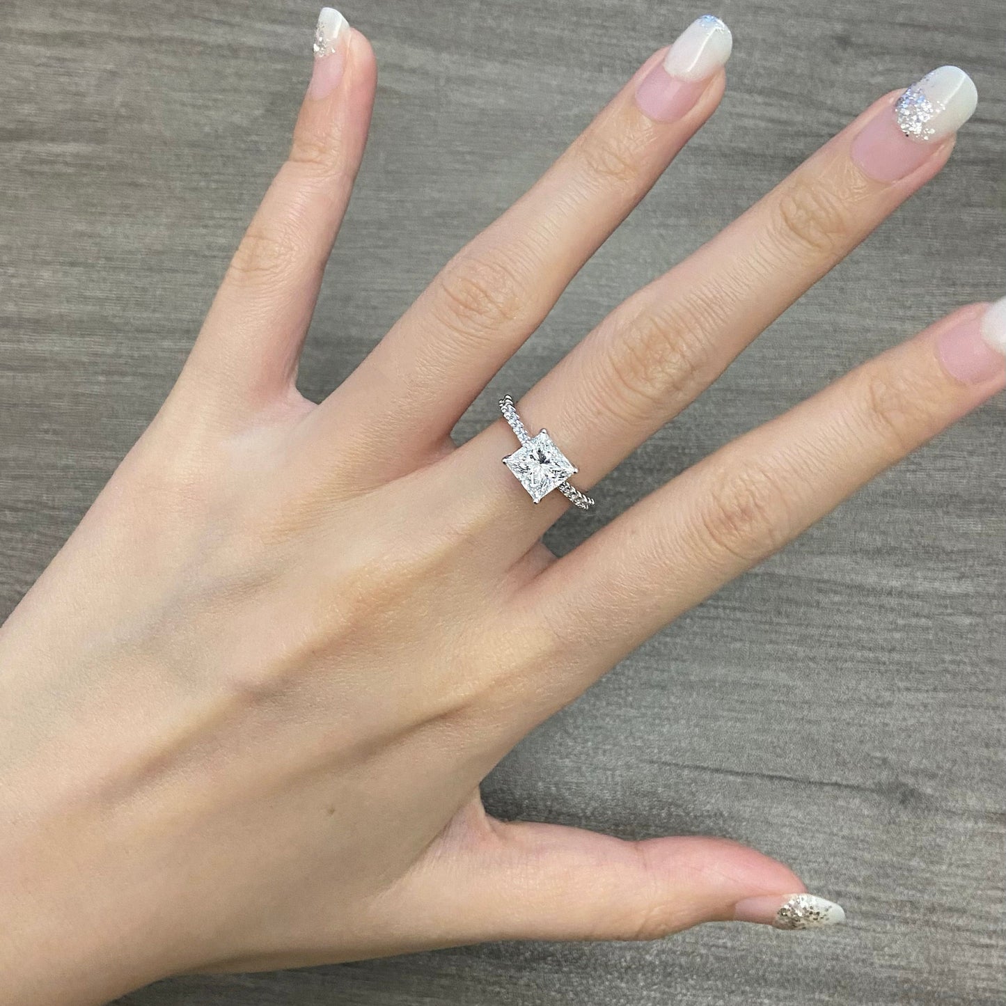 Princess cut CVD diamond pave style engagement ring