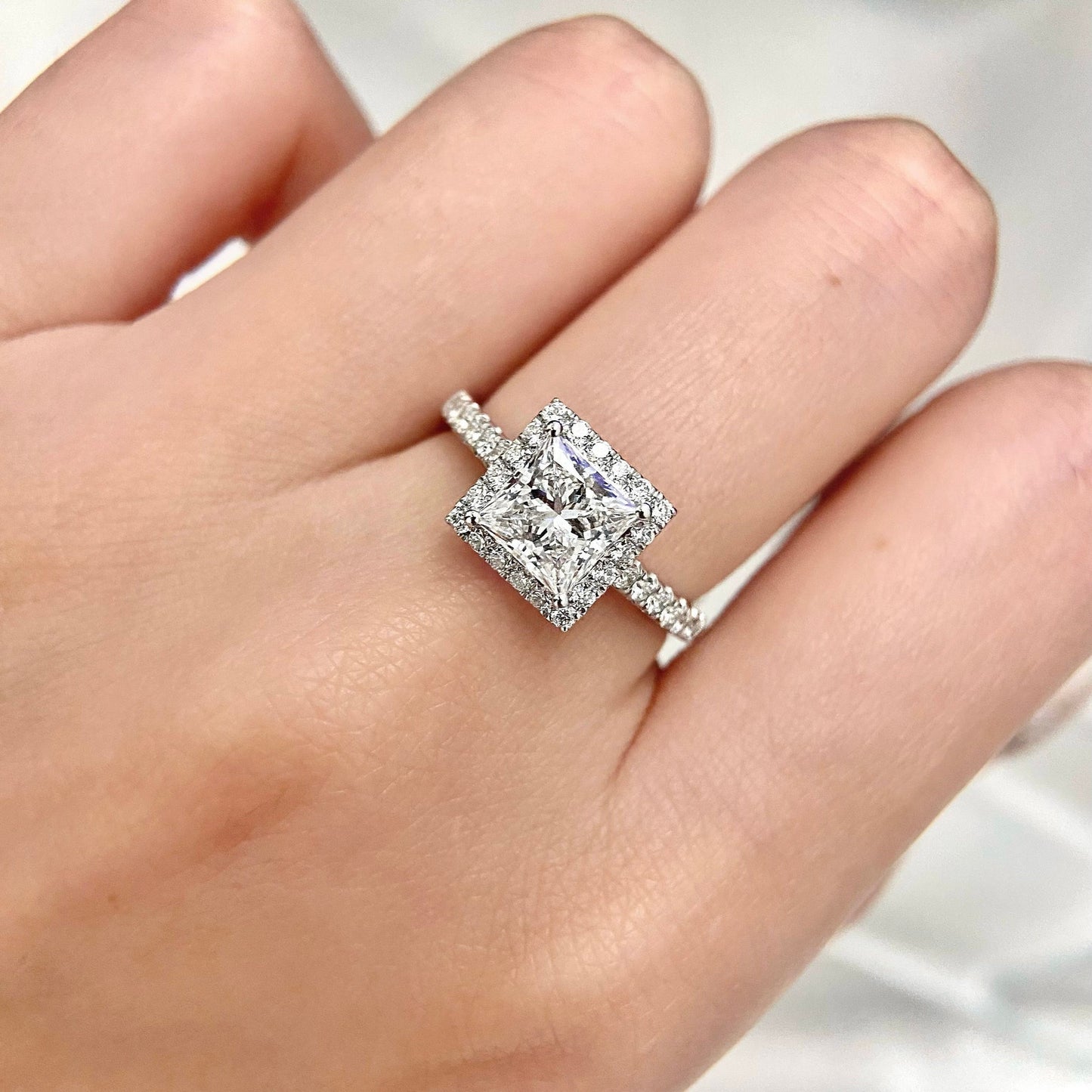 Princess cut CVD diamond halo and pave style engagement ring