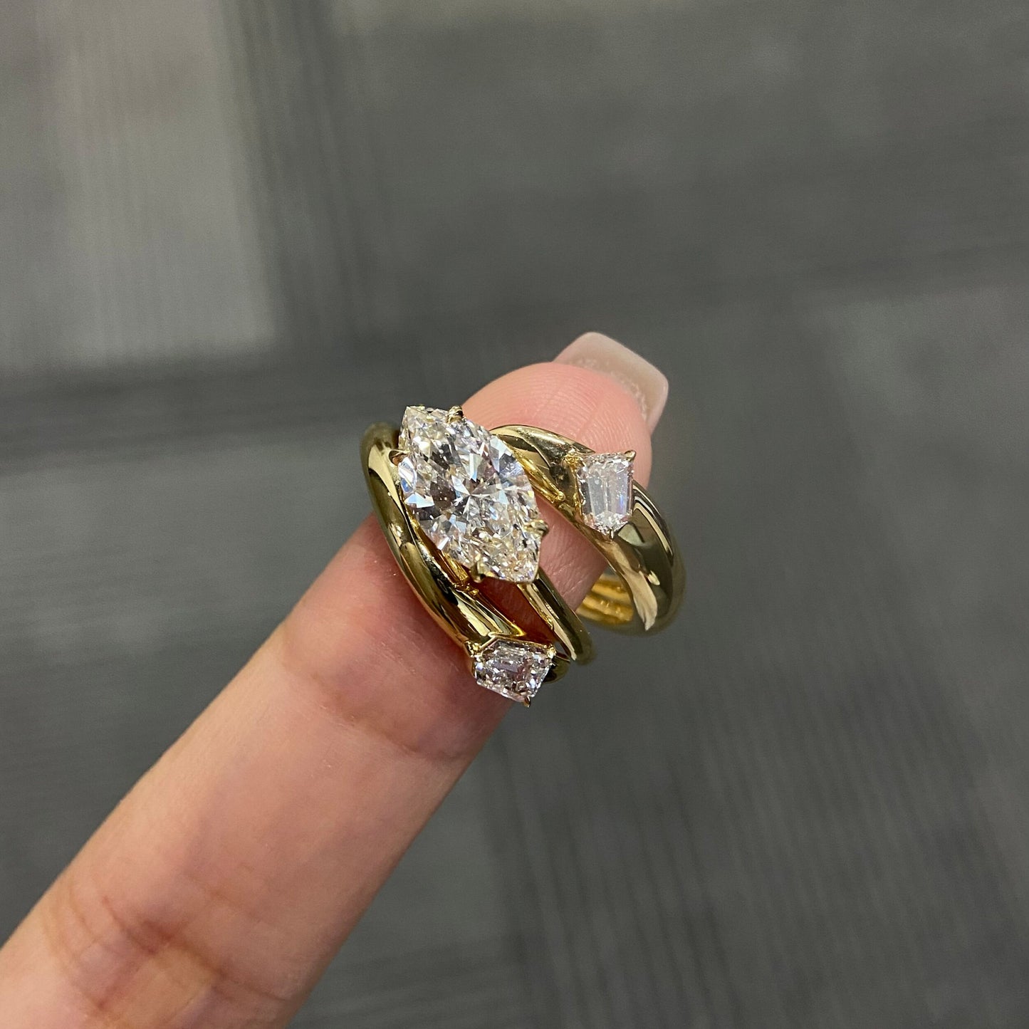 Marquise cut CVD diamond engagement ring in unique setting