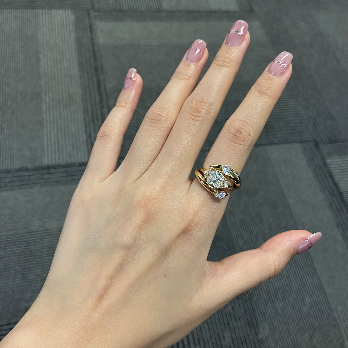 Marquise cut CVD diamond engagement ring in unique setting